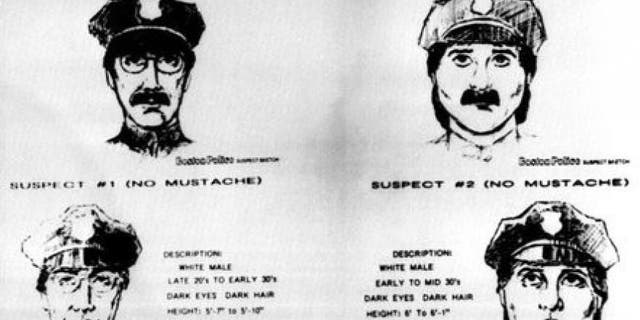 These sketches, released by the FBI, show the two male suspects who authorities say stole an estimated $580 in famous paintings from Boston's Isabella Stewart Gardner Museum on March 18, 1990. One was said to be wearing a fake mustache during the heist.