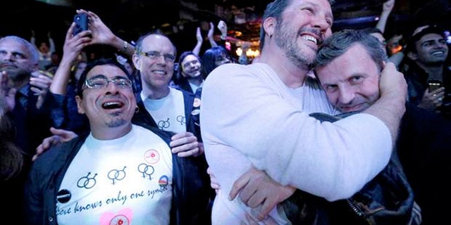 Party-goers celebrate at an Election Night party in Baltimore after voters passed a referendum approving same sex marriage in Maryland.