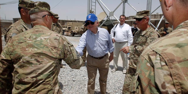 Sunday: Defense Secretary Robert Gates thanks troops at Forward Operating Base (FOB) Walton in Kandahar, Afghanistan.