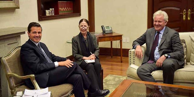 Mexico's President Enrique Pena Nieto with Jeffrey R. Immelt, Chief Executive of General Electric at Los Pinos presidential residence in Mexico City.