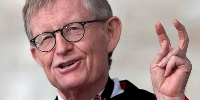 May 5, 2013: Ohio State president E. Gordon Gee speaks during the Ohio State University spring commencement in Columbus, Ohio. Gee told a university committee last December that Notre Dame wasn't invited to join the Big Ten because they're not good partners while also jokingly saying that those damn Catholics cant be trusted. (AP)