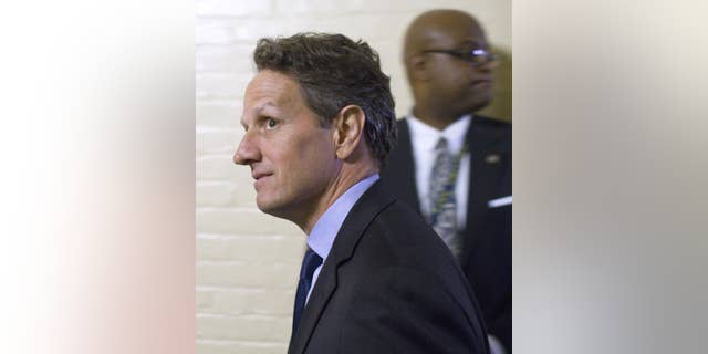 Treasury Secretary Timothy Geithner arrives for a House GOP freshman caucus meeting on Capitol Hill in Washington, Thursday, June 2, 2011. (AP Photo/Harry Hamburg)