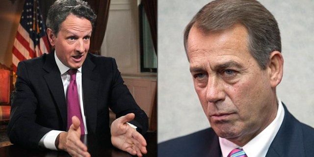 Shown here are Treasury Secretary Tim Geithner, left, and House Speaker John Boehner.