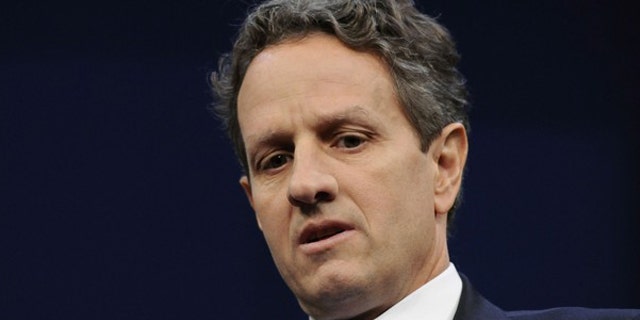 Treasury Secretary Timothy Geithner sits onstage for an interview at the Newseum in Washington May 25.