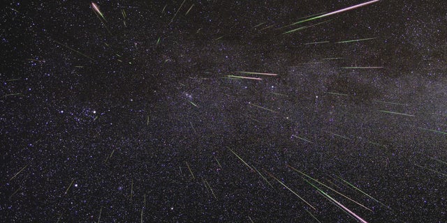 An outburst of Perseid meteors lights up the sky in August 2009 in this time-lapse image.