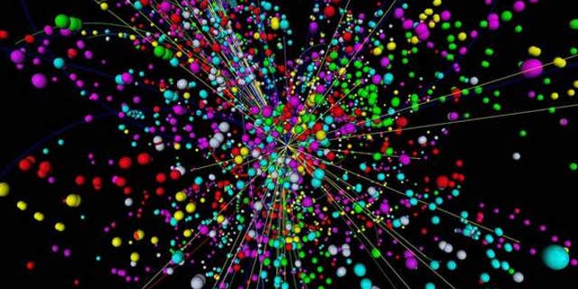 A simulation of a particle collision inside the Large Hadron Collider, the world's largest particle accelerator near Geneva, Switzerland. When two protons collide inside the machine, they create an energetic explosion that gives rise to new and exotic particles.