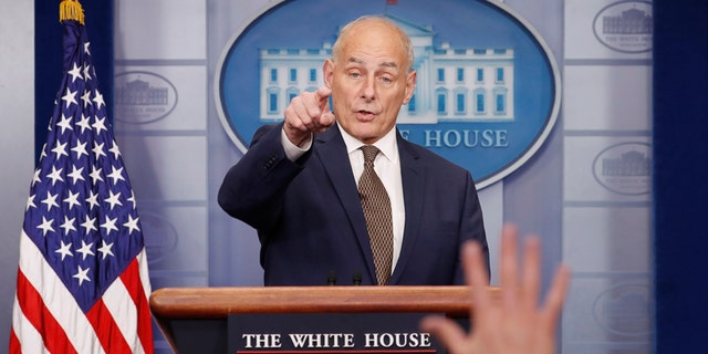 White House Chief of Staff John Kelly takes questions from the media while addressing the daily briefing at the White House in Washington, U.S., October 12, 2017. REUTERS/Kevin Lamarque - HP1EDAC1F1Q8V
