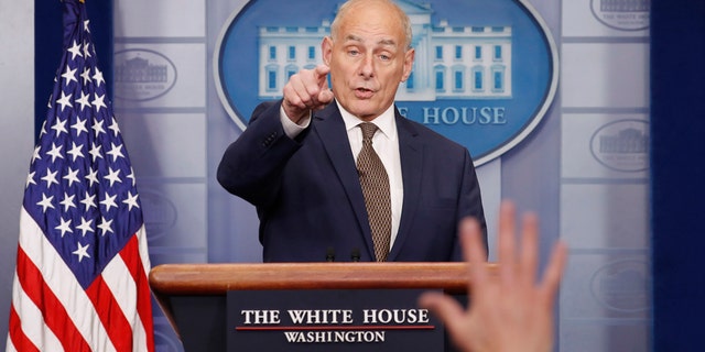 White House Chief of Staff John Kelly takes questions from the media while addressing the daily briefing at the White House in Washington, U.S., October 12, 2017. REUTERS/Kevin Lamarque - HP1EDAC1F1Q8V