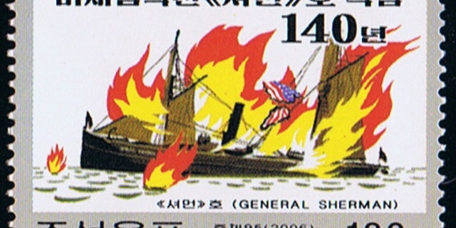 A North Korean postage stamp depicting the attack on the USS General Sherman.
