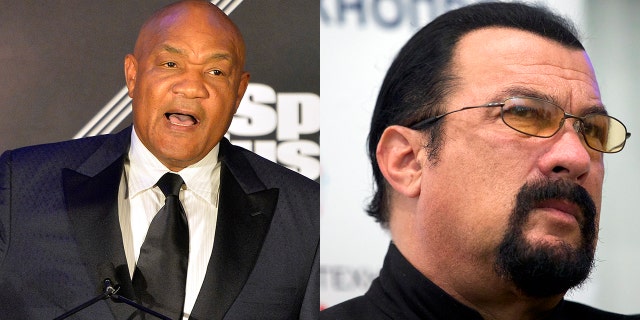 George Foreman, left, challenged Steven Seagal to a fight.