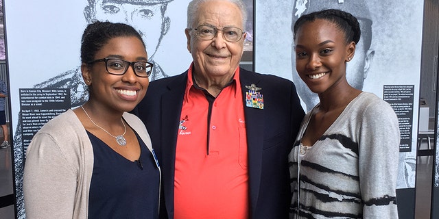 George Hardy today with Shelbie Johnson, Family Programs & Outreach Coordinator with the National WWII Museum, and student reporter Mizani Ball.