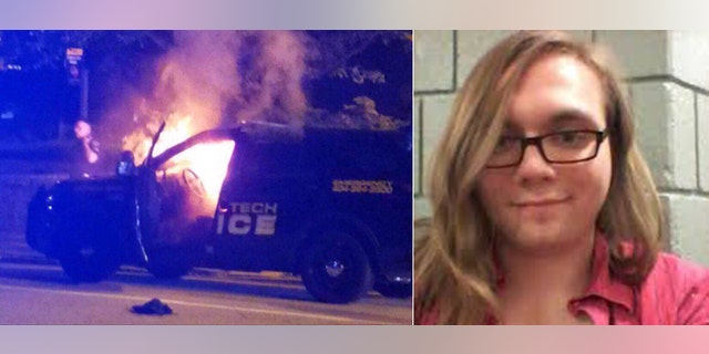 Protesters torched a Georgia Tech Police car after a vigil for Scout Schultz, right.