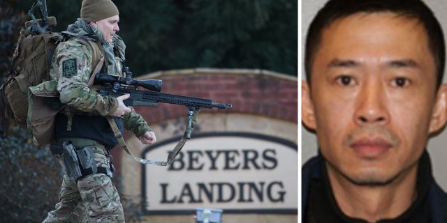 Jan. 6, 2016: At left, a police officer wearing tactical gear walks toward the scene of a hostage situation in Buford, Ga. At right, a Nov. 20, 2015 photo shows suspect Thy Ho (Branden Camp/Atlanta Journal-Constitution via AP/Georgia Bureau of Investigation)