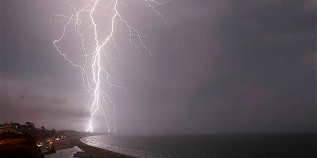 A new study shows lightning over the ocean--such as this strike in 2015 in California--can be much more powerful than that over land.