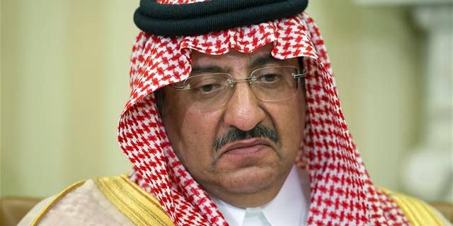 In this May 13, 2015, file photo, Saudi Arabian Crown Prince Mohammed bin Nayef pauses while speaking during a meeting with President Barack Obama in the Oval Office of the White House.
