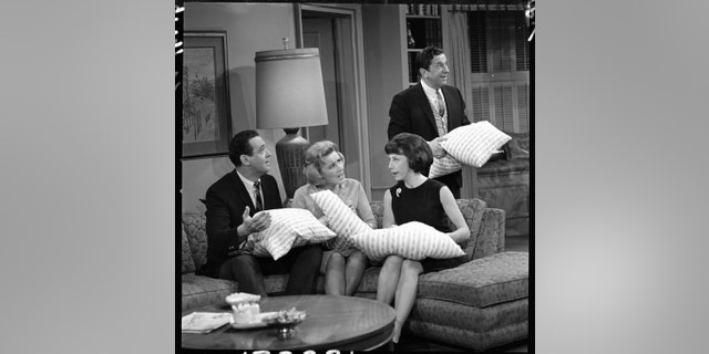 From left: Jerry Paris (as Jerry Helper), Rose Marie (as Sally Rogers), Ann Morgan Guilbert (as Millie Helper), and Morey Amsterdam (as Buddy Sorrell) in the "Dick Van Dyke." Image dated December 22, 1964.