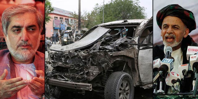 Shown at left is Afghan presidential candidate Abdullah Abdullah; at right is rival Ashraf Ghani; at center is the site of an attack that struck Abdullah's convoy on June 6.