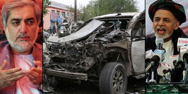 Shown at left is Afghan presidential candidate Abdullah Abdullah; at right is rival Ashraf Ghani; at center is the site of an attack that struck Abdullah's convoy on June 6.