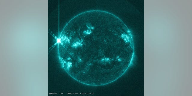 This image from NASA's Solar Dynamics Observatory shows a colossal X1.7-class solar flare erupting from the sun at 10:17 p.m. EDT on May 12, 2013 (Mother's Day). It is the strongest solar flare of 2013 so far.