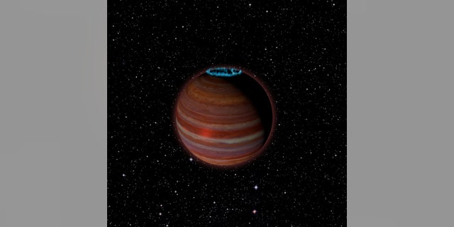 Artist's conception of SIMP J01365663+0933473, an object with 12.7 times the mass of Jupiter, but a magnetic field 200 times more powerful than Jupiter's. This object is 20 light-years from Earth. Credit: Caltech/Chuck Carter; NRAO/AUI/NSF