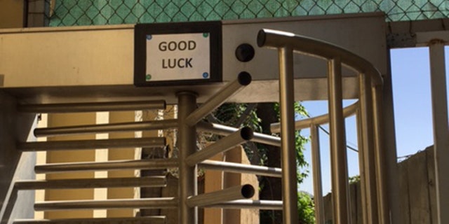 The "Good Luck" gate at the U.S. base in Kabul