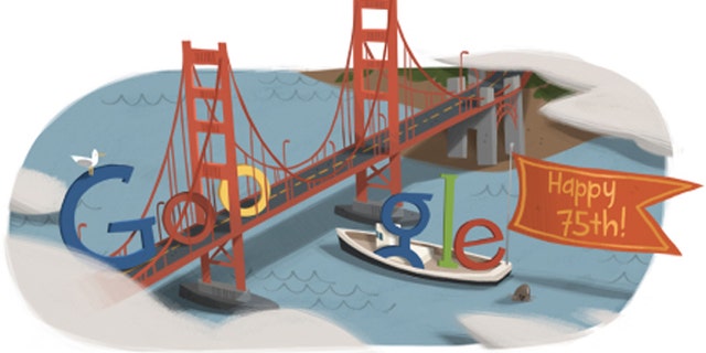 A 2012 Google Doodle celebrates the 75th anniversary of the Golden Gate Bridge.