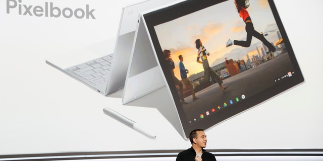 Google product manager Matt Vokoun speaks about the Pixelbook laptop during a launch event in San Francisco, California, U.S. October 4, 2017. REUTERS/Stephen Lam - HP1EDA41BBR3V