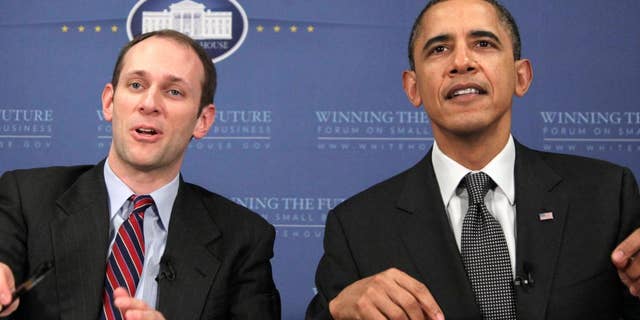 President Barack Obama and Council of Economic Advisers Chairman Austan Goolsbee, participate in an online chat session during the Winning the Future Forum on Small Business at Cleveland State University in Cleveland, Tuesday, Feb. 22, 2011. (AP Photo/Carolyn Kaster)