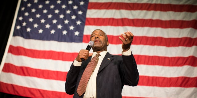 Republican presidential candidate Ben Carson speaks during a campaign rally at the Sharonville Convention Center, Tuesday, Sept. 22, 2015, in Cincinnati. (AP Photo/John Minchillo)