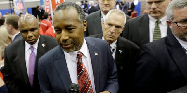 Feb. 25, 2016:Republican presidential candidate, retired neurosurgeon Ben Carson takes a question in the Spin Room after a Republican presidential primary debate at The University of Houston (AP Photo/David J. Phillip)