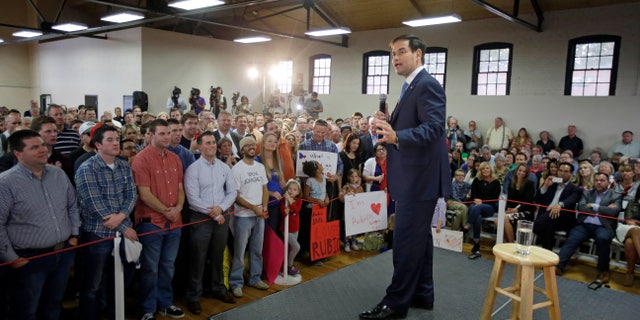 Republican presidential candidate Sen. Marco Rubio, R-Fla., speaks during a campaign rally at the Utah State Fairpark Monday, Oct. 19, 2015, in Salt Lake City. Rubio is the fourth presidential candidate to make a stop in Utah in recent months. (AP Photo/Rick Bowmer)
