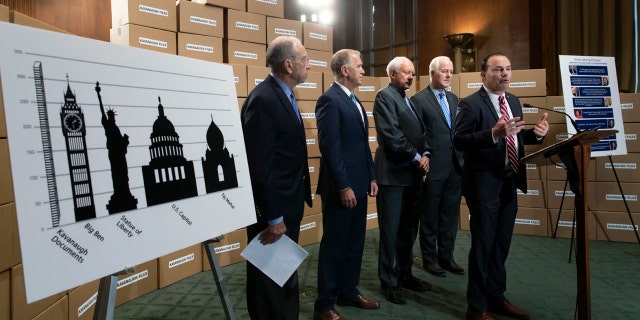 GOP senators hold a press conference to dramatize the amount of documents requested in relation to Supreme Court nominee Brett Kavanaugh.