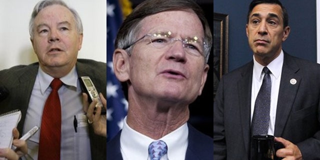 Shown here are Rep. Joe Barton, R-Texas, left; Rep. Lamar Smith, R-Texas, center; and Rep. Darrell Issa, R-Calif. (AP Photos)