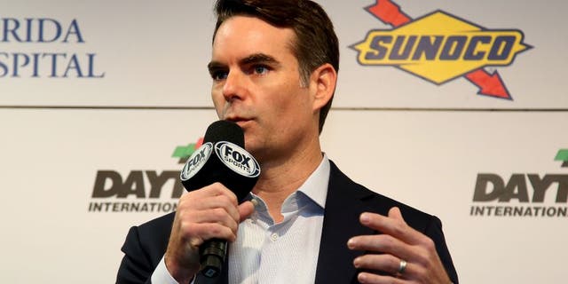 DAYTONA BEACH, FL - FEBRUARY 18: Jeff Gordon speaks to the media during a press conference during practice for the NASCAR Sprint Cup Series Daytona 500 at Daytona International Speedway on February 18, 2016 in Daytona Beach, Florida. (Photo by Sarah Crabill/NASCAR via Getty Images)