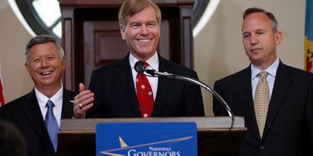 July 13, 2012: (Fr. left) Govs. Dave Heineman, R-Nebraska; Bob McDonnell, R-Virginia; Jack Markell, D-Delaware, at the National Governors Association meeting in Williamsburg, Va.