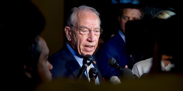Senate Judiciary Committee Chairman Chuck Grassley, R-Iowa, speaks to reporters on Capitol Hill, Wednesday, Sept. 19, 2018, in Washington. Christine Blasey Ford wants the FBI to investigate her allegation that she was sexually assaulted by Supreme Court nominee Brett Kavanaugh before she testifies at a Senate Judiciary Committee hearing next week. (AP Photo/Andrew Harnik)