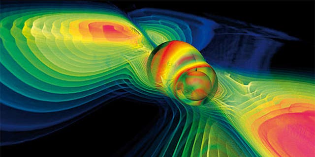 Una simulazione al computer che mostra le onde gravitazionali durante una collisione con un buco nero. La scoperta ha importanti implicazioni per la scienza.