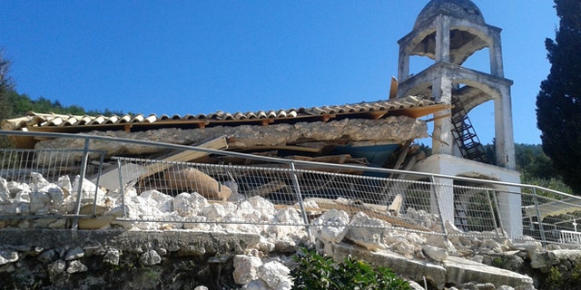 Nov. 17, 2015: A Greek Orthodox church is seen destroyed after a morning earthquake at the village of Athani on the western Greek island of Lefkada.