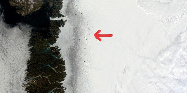 Satellite images reveal the dark zone of the Greenland ice sheet, which is leading to a positive feedback effect where melt begets melt.