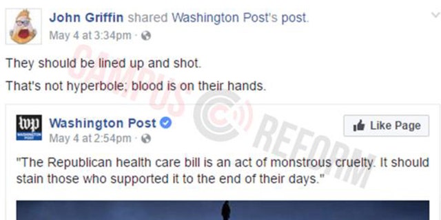 Art professor John Griffin posted that Republicans who voted for the ObamaCare repeal bill "should be lined up and shot."