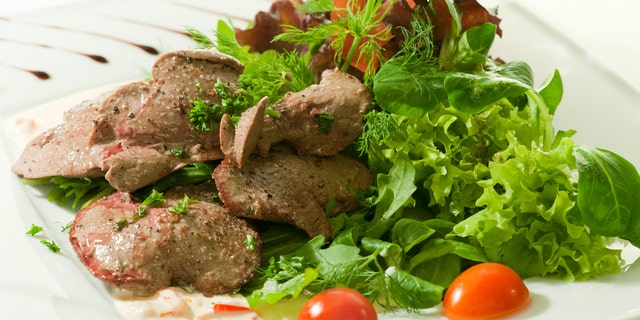 Main course: Grilled liver with a side salad.