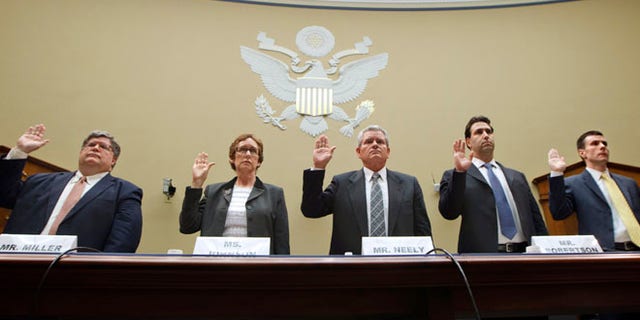 April 16, 2012: Witnesses prepare to testify on Capitol Hill about GSA spending. The former agency commissioner Jeff Neely is third from the left.