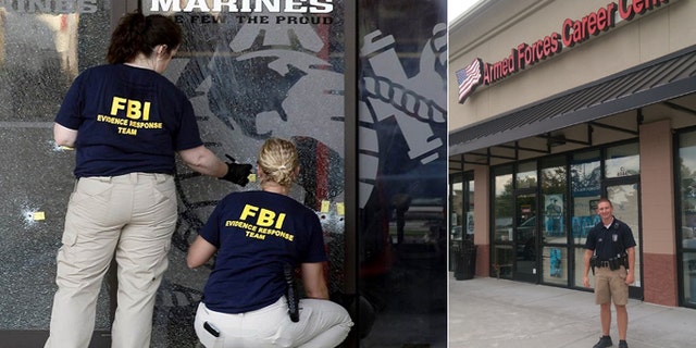 After the attack on a Chattanooga recruiting center last week, (l.), which preceded the deadly rampage at a nearby base, Police Officer Bobby Ruth stands guard at a center in nearby Cleveland, Tennessee. (Saralyn Norkus)