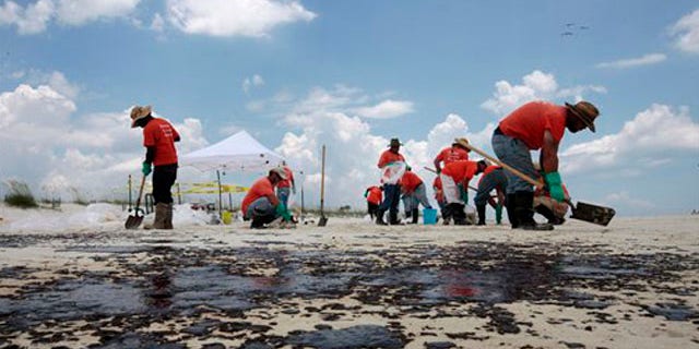Oil cleanup workers hired by BP pick up oil on the beach in Gulf Shores, Ala., July 2. (AP Photo)