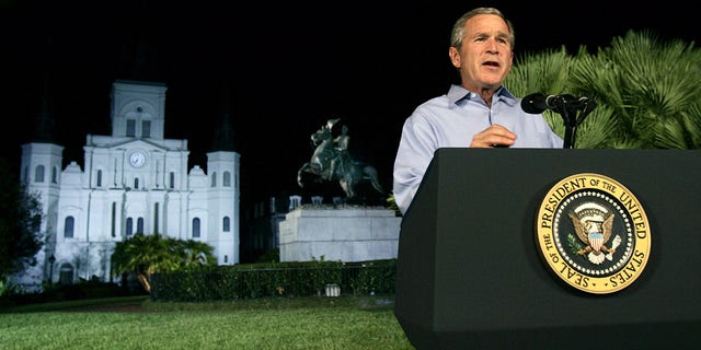 FILE -- Sept. 15, 2005: President Bush speaks from Jackson Square in New Orleans where he announced a new reconstruction plan to help rebuild the area damaged by Hurricane Katrina.