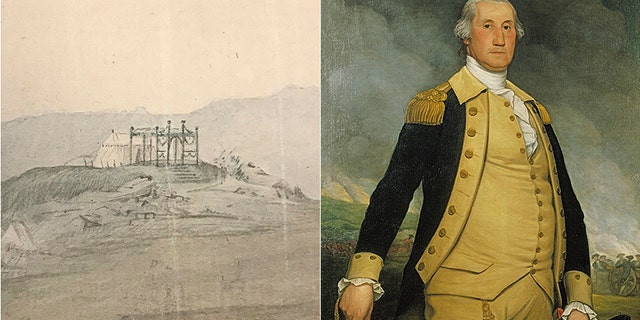 Close-up detail of the watercolor depicting George Washington's field tent (Courtesy of the Museum of the American Revolution) and portrait of George Washington by Joseph Wright, 1784. (Courtesy of the Philadelphia History Museum at the Atwater Kent, the Historical Society of Pennsylvania Collection)