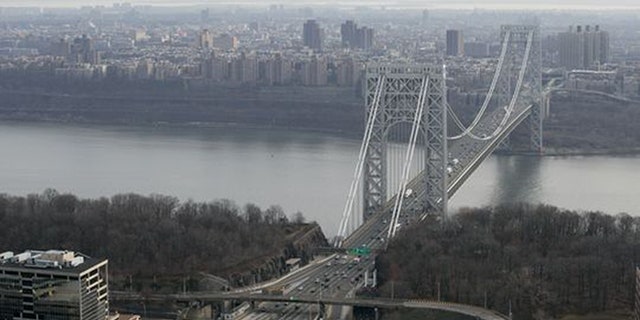 The George Washington Bridge, carrying I-95, US-1 and US-9 across the Hudson River between New Jersey and New York, is shown in this AP photo.  (Associated Press)