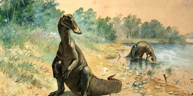 An early restoration of a duck-billed hadrosaur.