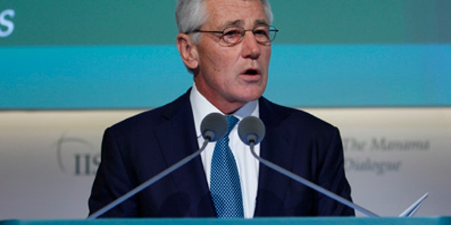U.S. Defense Secretary Chuck Hagel speaks at the IISS Regional Security Summit in Bahrain.