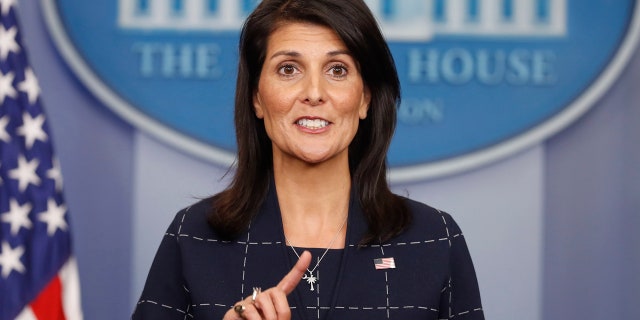 U.S. Ambassador to the UN Nikki Haley speaks to the media during the daily briefing in the Brady Press Briefing Room of the White House in Washington, Monday, April 24, 2017.